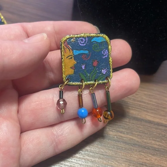 Vintage Hand Painted Genuine Leather Artisan Brooch & Earring Set